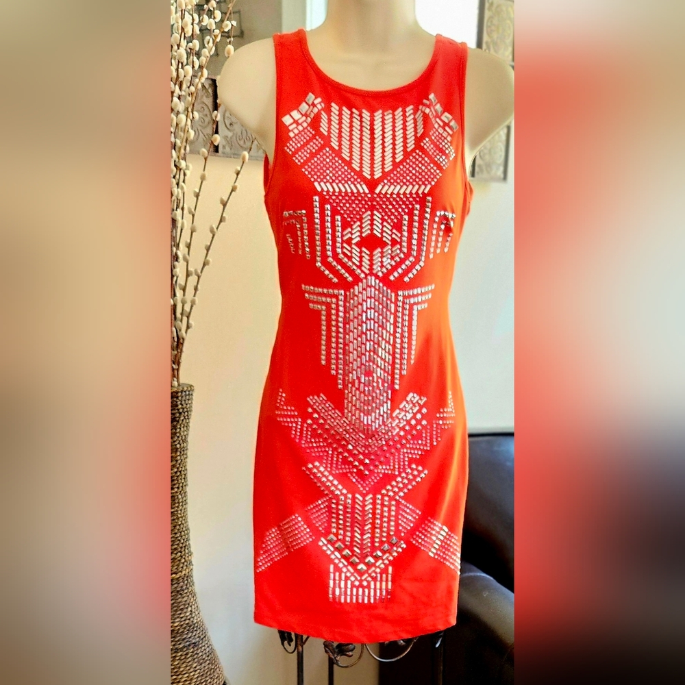 Bebe Red Sleeveless Dress with Geometric Beaded Pattern